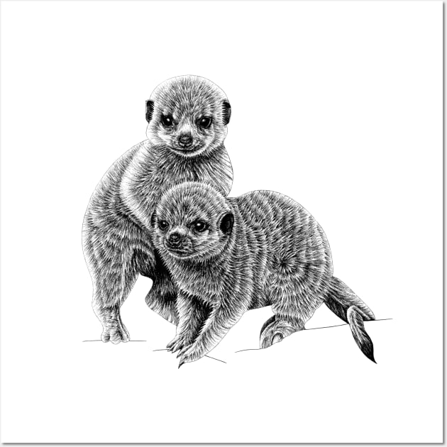 Baby meerkats - ink illustration Wall Art by lorendowding